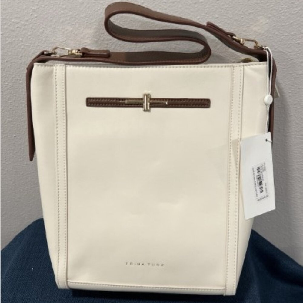 Trina Turk Beige and Brown Faux Leather Shoulder Bag With Dust Bag